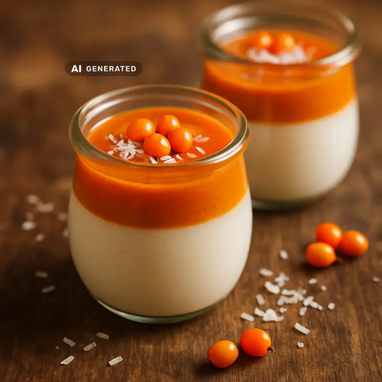 Vegane Sanddorn-Panna-Cotta mit Kokos in Gläsern, garniert mit frischen Sanddornbeeren und gerösteten Kokosraspeln