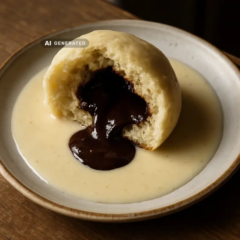 Vegane Schoko-Dampfnudeln mit Vanillesauce, aufgebrochen mit fließendem Schokoladenkern