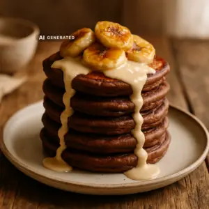 Gestapelte vegane Schoko-Tahini-Pfannkuchen mit karamellisierten Bananen und Tahini-Sauce