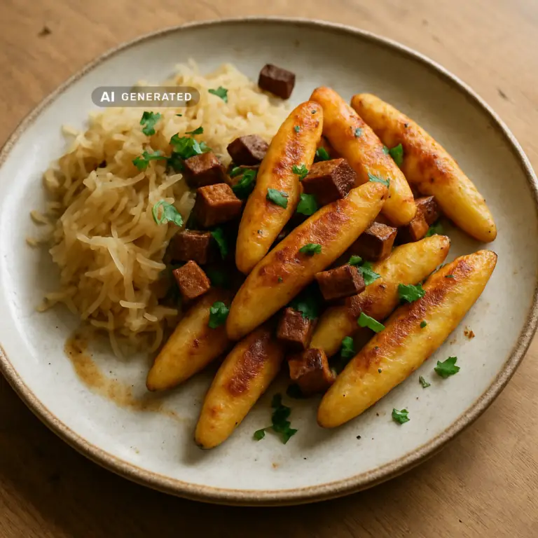 Vegane Schupfnudeln mit Sauerkraut und Räuchertofu-Speck auf einem Teller, bestreut mit Petersilie