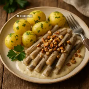 Vegane Schwarzwurzel in Rahmsauce mit gerösteten Haselnüssen und Petersilienkartoffeln