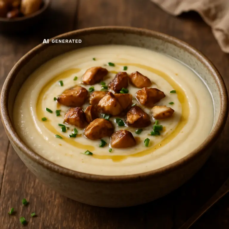 Vegane Selleriecremesuppe mit Trüffelöl und Kastanien in einer Schale, appetitlich angerichtet