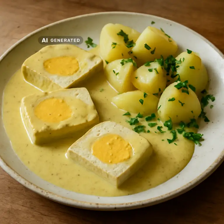 Vegane Senfeier mit Salzkartoffeln in einer cremigen Senfsauce, angerichtet auf einem Teller