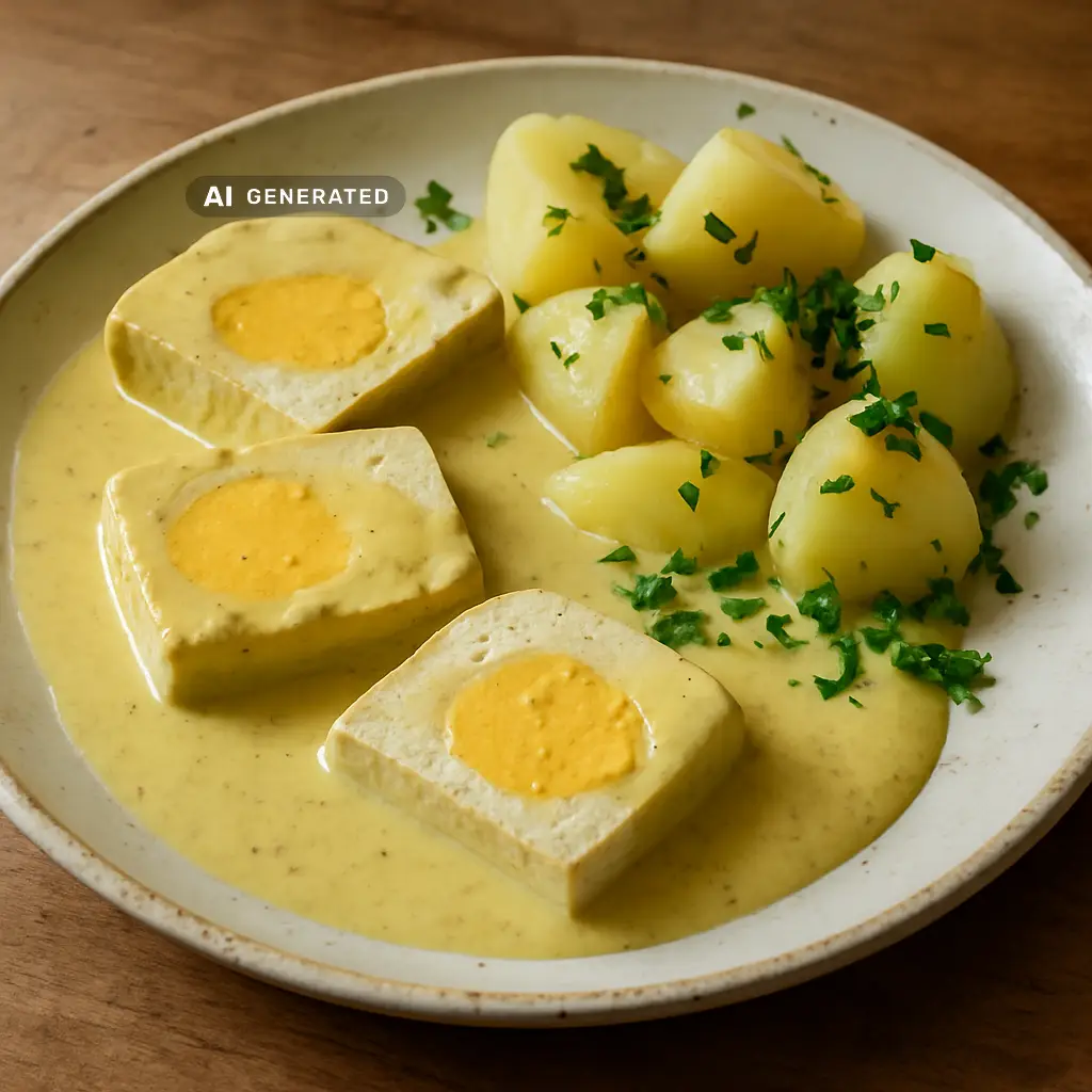 Vegane Senfeier mit Salzkartoffeln in einer cremigen Senfsauce, angerichtet auf einem Teller