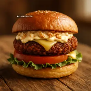 Vegane Smash Burger mit Röstzwiebel-Mayo, Salat und Tomate im gerösteten Bun
