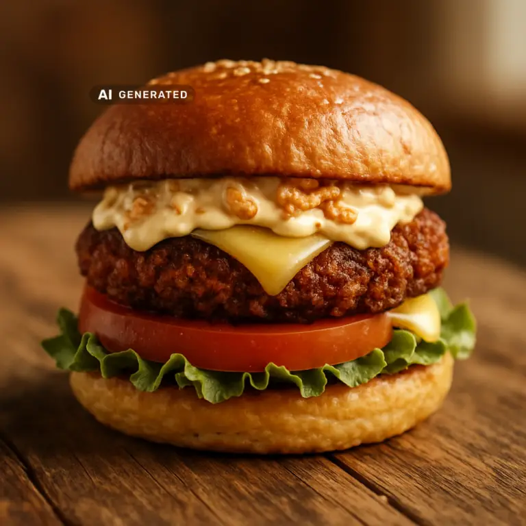 Vegane Smash Burger mit Röstzwiebel-Mayo, Salat und Tomate im gerösteten Bun