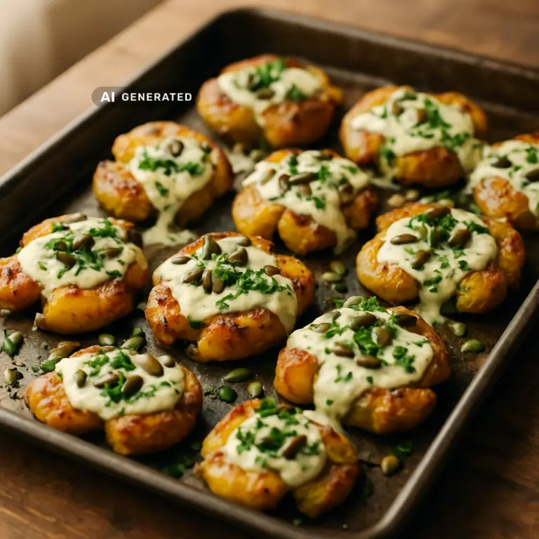 Vegane Smashed Potatoes mit Kräuter-Cashewcreme, knusprig geröstet und mit Kürbiskernen bestreut