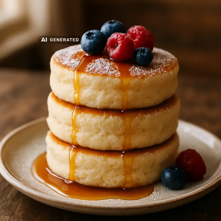 Vegane Soufflé-Pancakes hoch aufgetürmt mit frischen Beeren und Ahornsirup