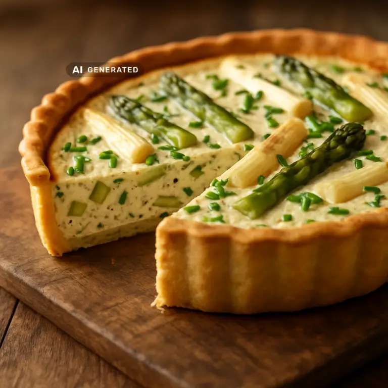 Vegane Spargel-Quiche mit Kräuter-Tofu-Guss, angeschnitten mit grünem und weißem Spargel