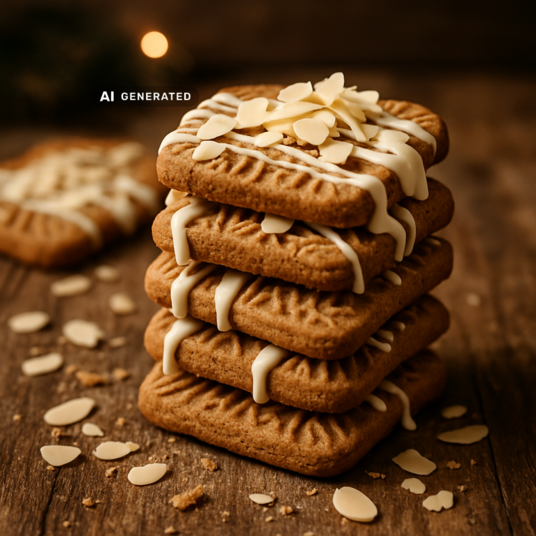Vegane Spekulatius-Cookies mit weißer Schokolade und gerösteten Mandelblättchen, gestapelt