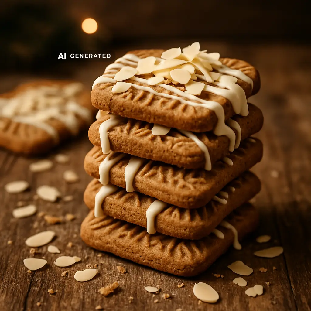 Vegane Spekulatius-Cookies mit weißer Schokolade und gerösteten Mandelblättchen, gestapelt