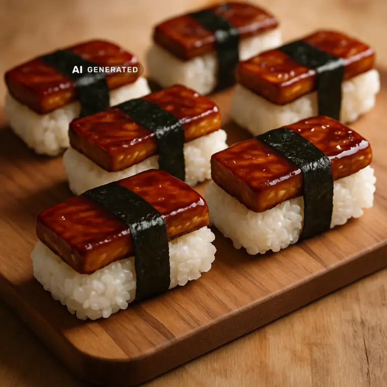 Vegane Teriyaki-Tofu-Musubi mit Nori umwickelt, mehrere Stücke auf einem Holzbrett angerichtet
