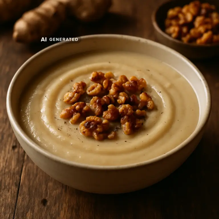 Vegane Topinambur-Cremesuppe mit gerösteten Walnüssen in einer Keramikschale, angerichtet auf einem Holztisch