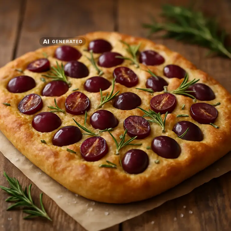 Vegane Trauben-Focaccia mit Rosmarin und grobem Meersalz, frisch gebacken