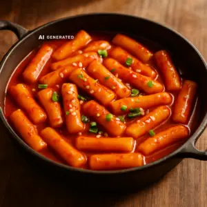 Vegane Tteokbokki mit Gochujang, glänzende Reiskuchen in scharfer roter Gochujang-Sauce