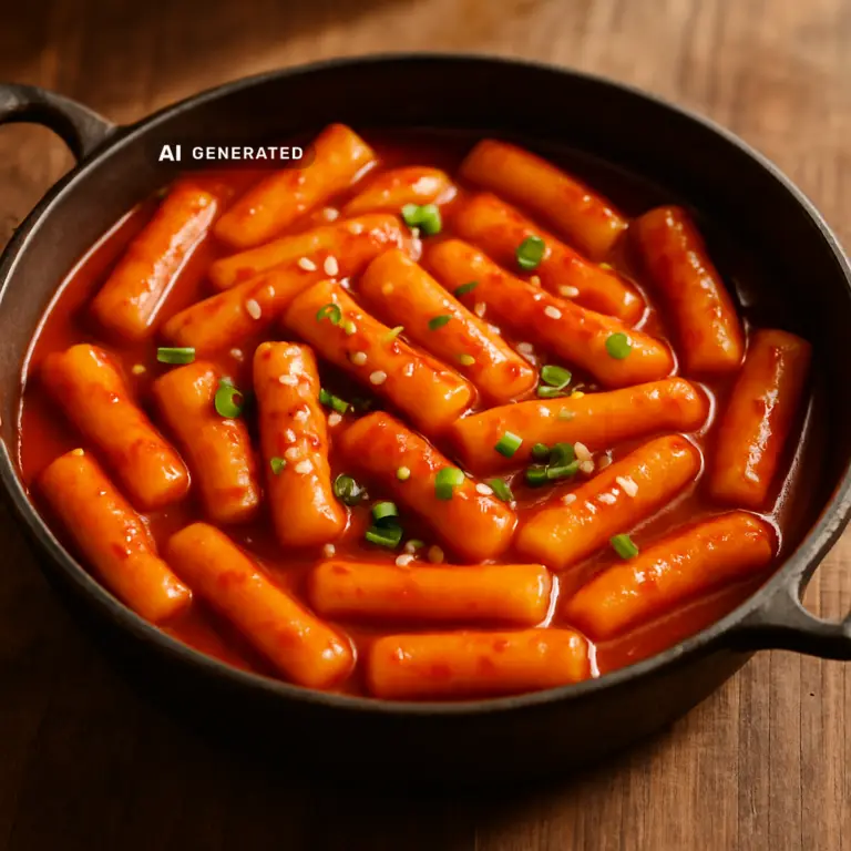 Vegane Tteokbokki mit Gochujang, glänzende Reiskuchen in scharfer roter Gochujang-Sauce
