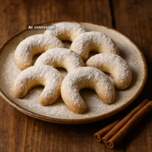 Vegane Vanillekipferl bestäubt mit Vanillezucker auf einem rustikalen Teller