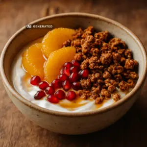 Vegane Winter-Frühstücksbowl mit Granatapfel und Orange, serviert und angerichtet