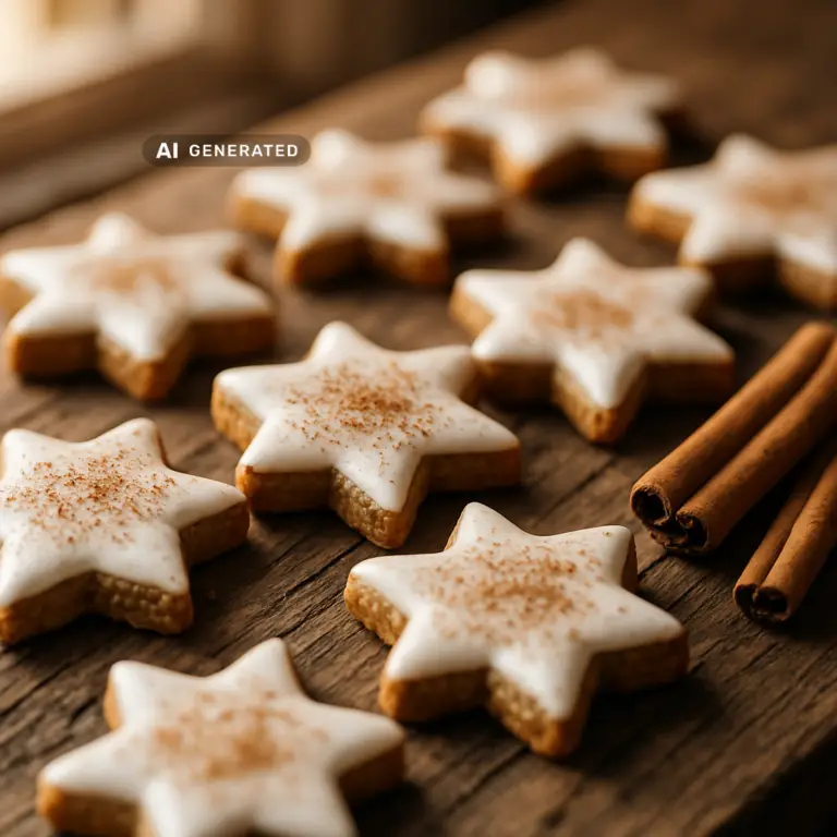 Vegane Zimtsterne mit glänzender Zuckerglasur, angerichtet mit Zimtstangen auf Holztisch