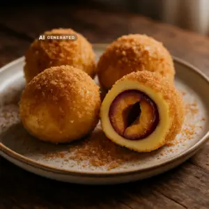 Vegane Zwetschgenknödel mit Zimt-Butterbröseln, serviert und angerichtet