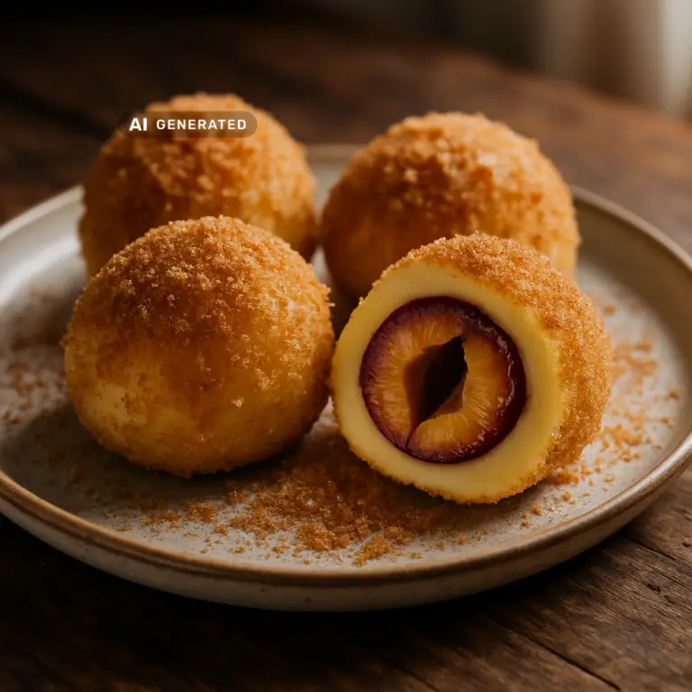 Vegane Zwetschgenknödel mit Zimt-Butterbröseln, serviert und angerichtet