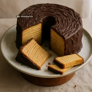 Veganer Baumkuchen mit Aprikosenglasur, aufgeschnitten mit sichtbaren feinen Schichten
