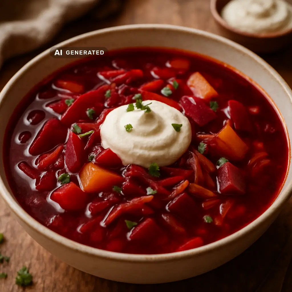 Veganer Borschtsch mit Roter Bete – Kräftiger veganer Borschtsch mit Roter Bete, Weißkohl und Kartoffeln, verfeinert mit einem Klecks Cashew-Sauerrahm – der osteuropäische Klassiker neu interpretiert.