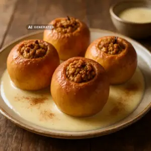 Veganer Bratapfel mit Marzipan-Mandel-Füllung auf einem rustikalen Holztisch