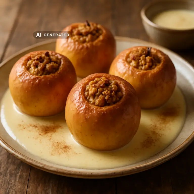 Veganer Bratapfel mit Marzipan-Mandel-Füllung auf einem rustikalen Holztisch
