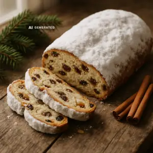 Veganer Christstollen mit Puderzucker bestäubt, angeschnitten auf einem Holzbrett mit Tannenzweigen
