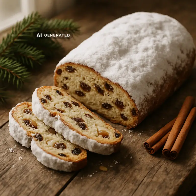 Veganer Christstollen mit Puderzucker bestäubt, angeschnitten auf einem Holzbrett mit Tannenzweigen