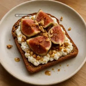 Veganer Cottage-Cheese-Toast mit Feigen, Walnüssen und Zimt-Ahornsirup auf Vollkornbrot