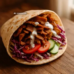 Veganer Döner Kebab im selbstgemachten Fladenbrot mit knusprigem Seitan, Krautsalat und Knoblauchsauce