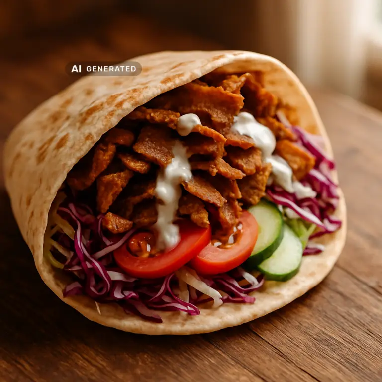 Veganer Döner Kebab im selbstgemachten Fladenbrot mit knusprigem Seitan, Krautsalat und Knoblauchsauce