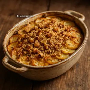Veganer Herbstgratin mit Kartoffeln, Pastinaken und Sellerie in einer Auflaufform, überbacken mit gerösteten Walnüssen
