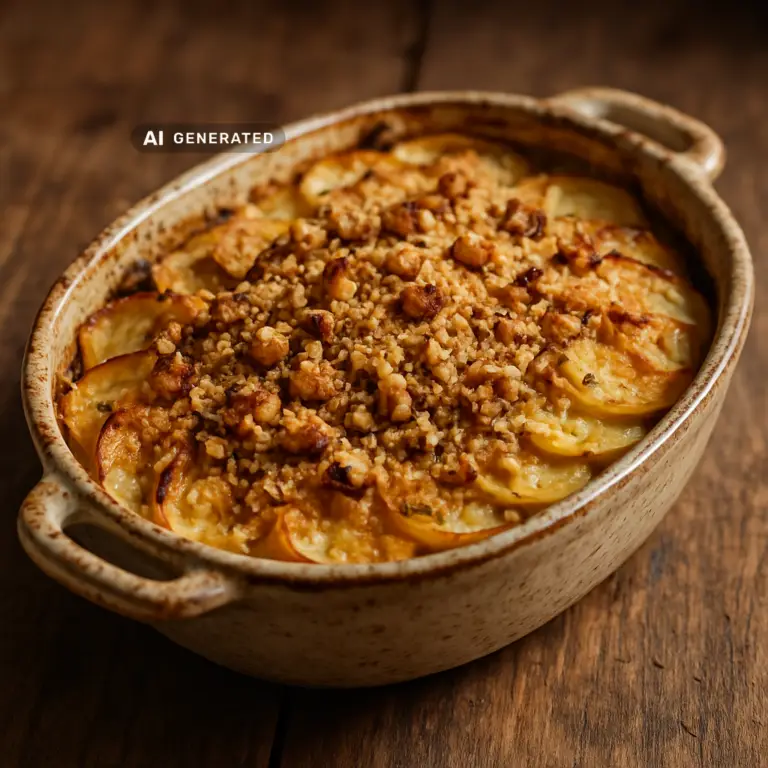 Veganer Herbstgratin mit Kartoffeln, Pastinaken und Sellerie in einer Auflaufform, überbacken mit gerösteten Walnüssen