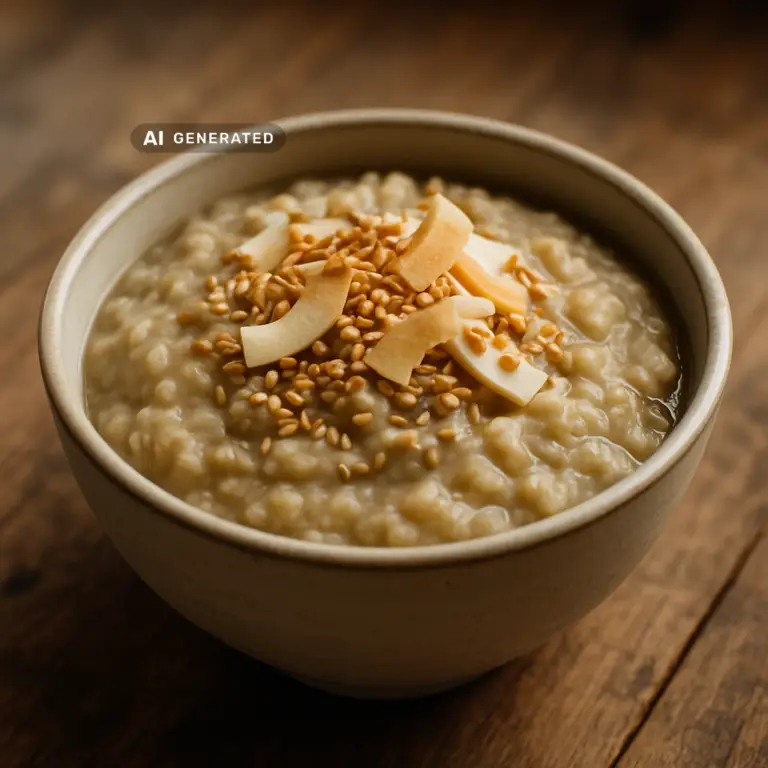 Veganer Hojicha-Reispudding mit geröstetem Sesam und Kokoschips in einer Schale