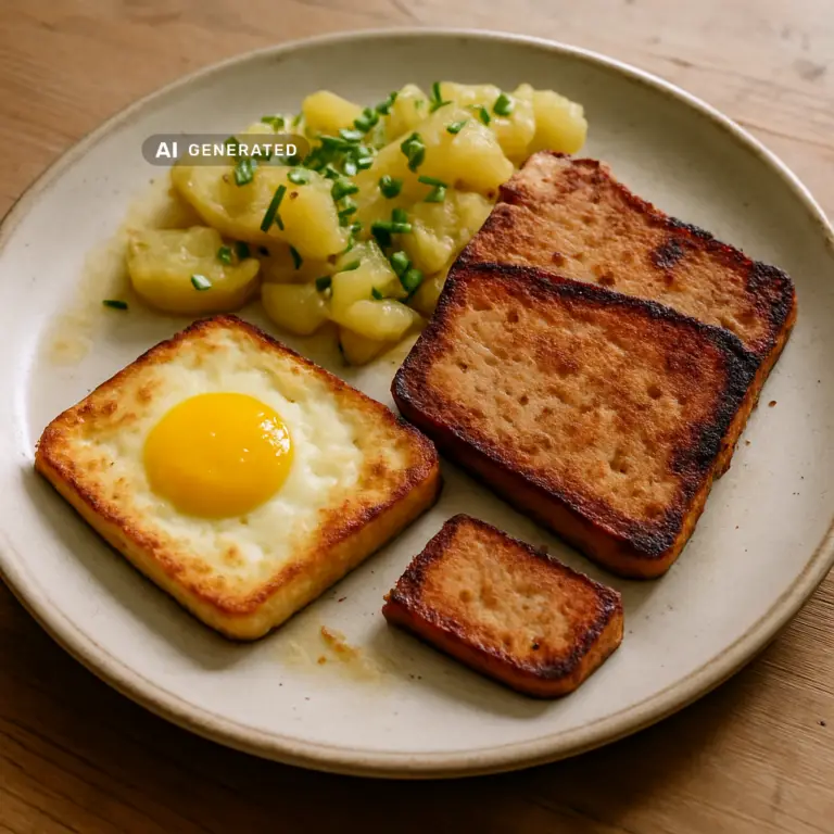 Veganer Leberkäse in Scheiben, knusprig gebraten, mit Tofu-Spiegelei und warmem Kartoffelsalat auf einem Teller