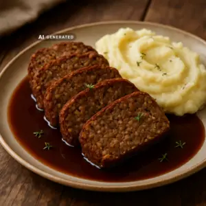 Veganer Linsenbraten mit Rotweinjus, aufgeschnitten und serviert mit cremigem Kartoffelpüree