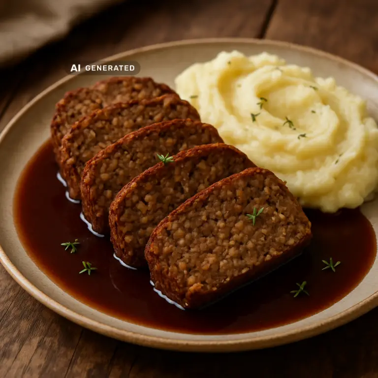 Veganer Linsenbraten mit Rotweinjus, aufgeschnitten und serviert mit cremigem Kartoffelpüree