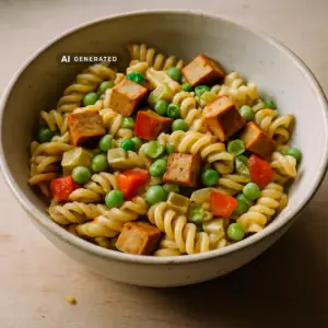 Veganer Nudelsalat mit Räuchertofu, Erbsen und Paprika in einer cremigen Senfsauce