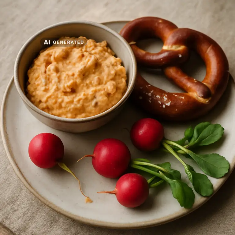 Veganer Obatzda mit Radieschen und Laugenbrezeln in einer Schüssel angerichtet