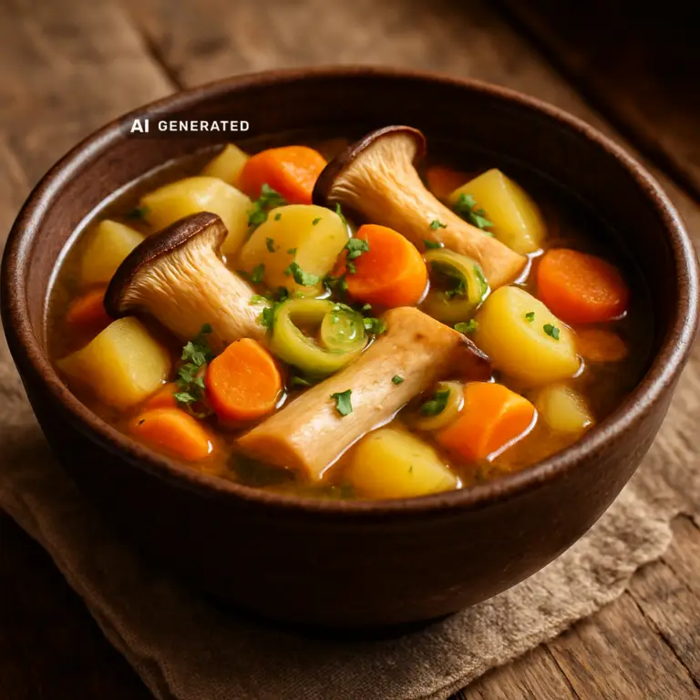 Veganer Pichelsteiner-Eintopf mit Kräuterseitlingen, Kartoffeln und Karotten in einer rustikalen Schüssel