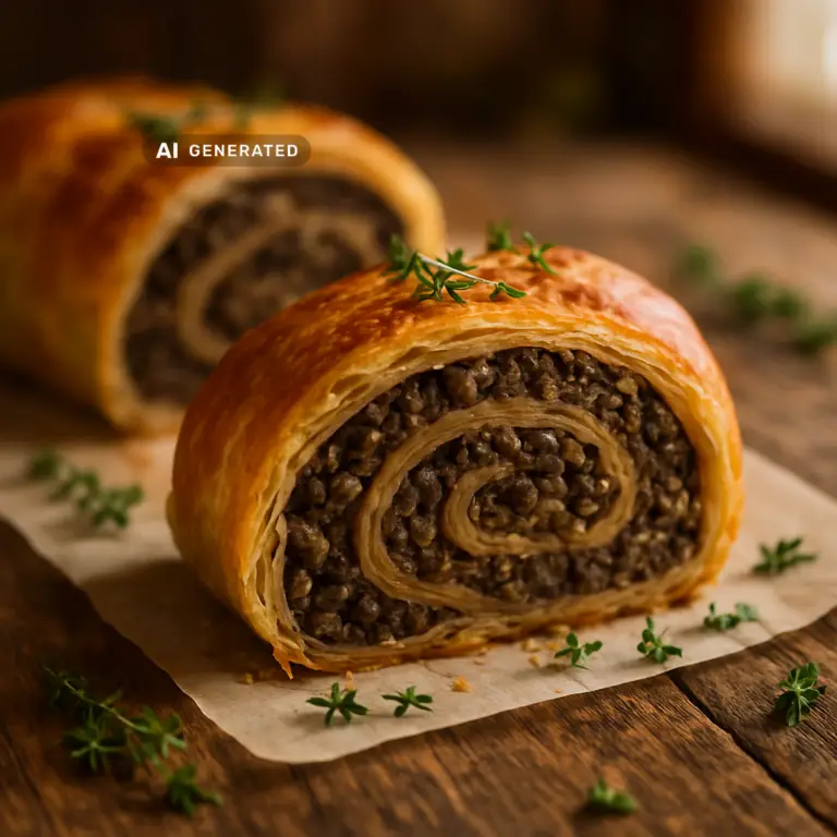 Veganer Pilz-Wellington mit Walnuss-Duxelles im Blätterteig, aufgeschnitten und mit Thymian garniert
