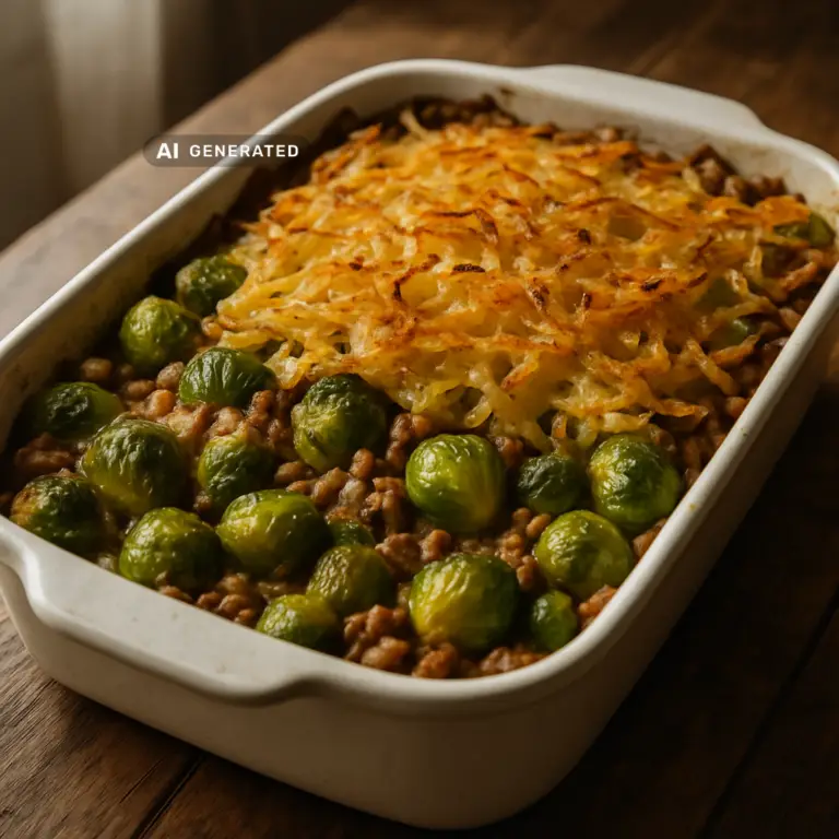 Veganer Rosenkohlauflauf mit knuspriger Kartoffelkruste in einer Auflaufform