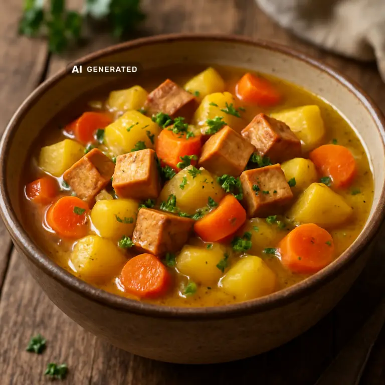 Veganer Steckrübeneintopf mit Räuchertofu, Kartoffeln und Karotten in einer rustikalen Schüssel