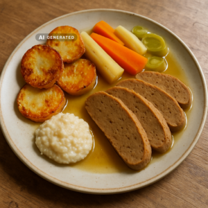 Veganer Tafelspitz mit Apfel-Meerrettich-Sauce, Wurzelgemüse und Röstkartoffeln auf einem Teller