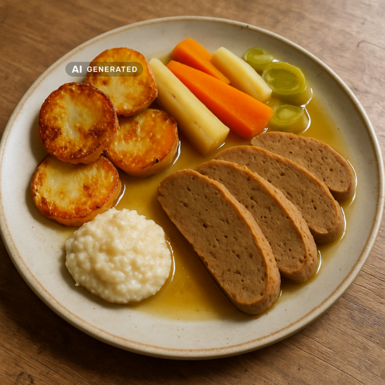 Veganer Tafelspitz mit Apfel-Meerrettich-Sauce, Wurzelgemüse und Röstkartoffeln auf einem Teller