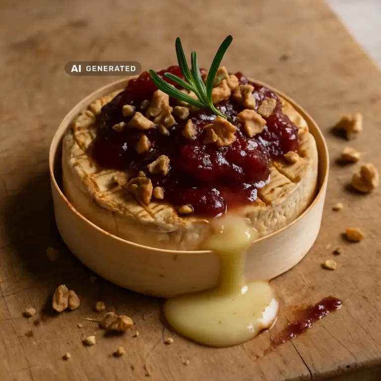 Veganer überbackener Camembert mit Preiselbeeren und gerösteten Walnüssen in einer Holzschale