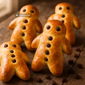 Veganer Weckmann mit Rosinen als Augen und Knöpfen, frisch gebacken auf einem Holztisch
